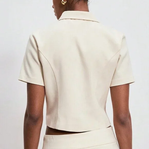 Khaki Casual Women's Short Sleeve Double-Breasted /Work Blazer